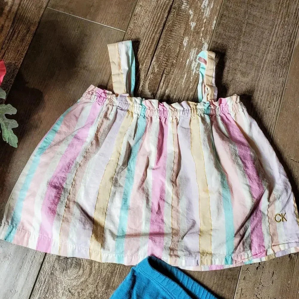 Calvin Klein Pastel Striped Sleeveless Toddler Girls Top with Teal Bow Leggings
